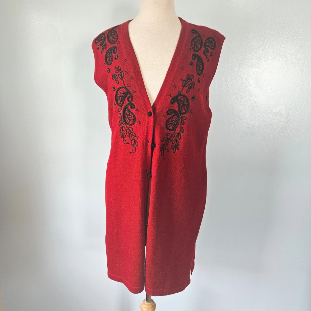 Susan Bristol 1994‎ Red Wool Longline Vest Beaded Paisley Embroidered M